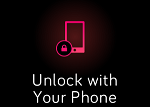 Pantalla de dispositivo Fitbit que muestra un icono de un teléfono rojo con el texto "Unlock with your phone"